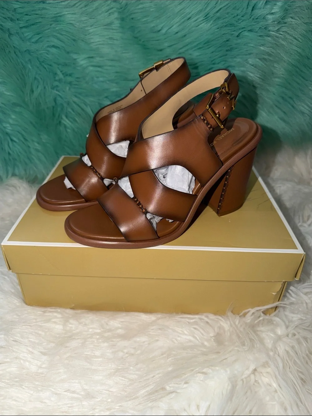 NIB Michael Kors Brown Leather Cutout Block Heel Sandals Women’s size 7